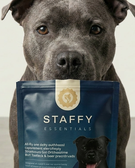 Staffy holding Staffy Essentials supplement bag