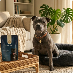 Staffy in living room
