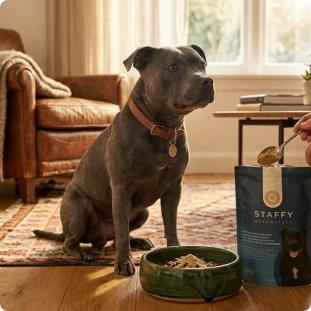 Staffy with food bowl