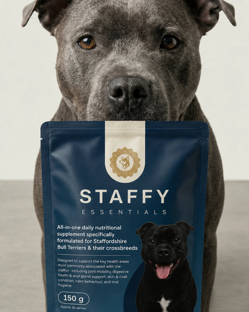 Staffy holding Staffy Essentials supplement bag