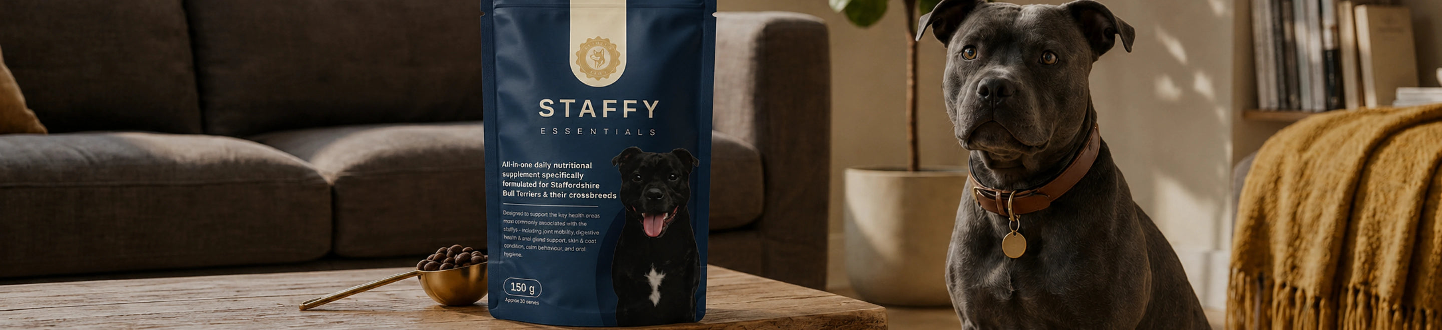Dog being fed Staffy Essentials supplement