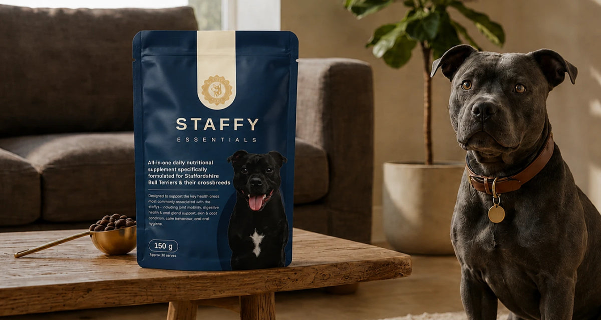 Dog being fed Staffy Essentials supplement