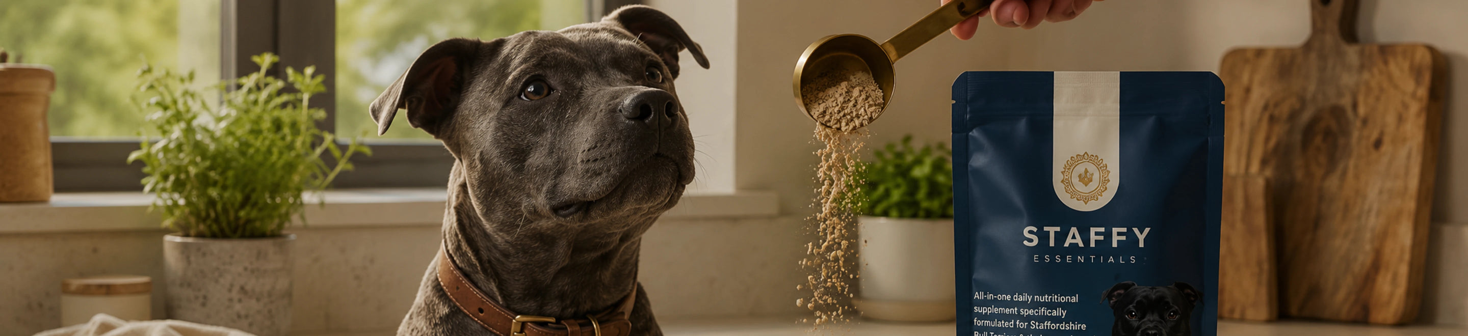 Dog being fed Staffy Essentials supplement