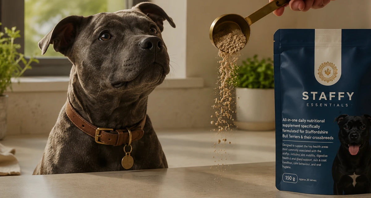 Dog being fed Staffy Essentials supplement