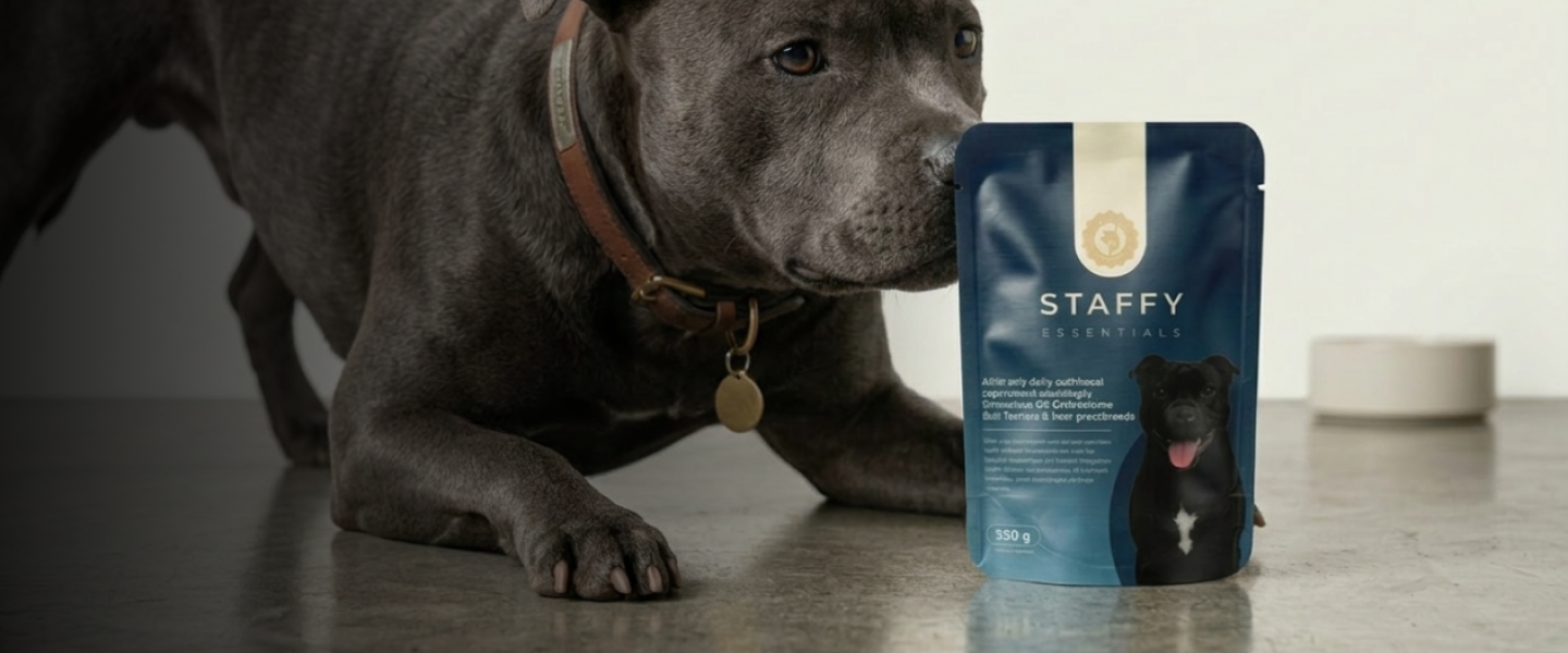 Staffy dog with Staffy Essentials supplement
