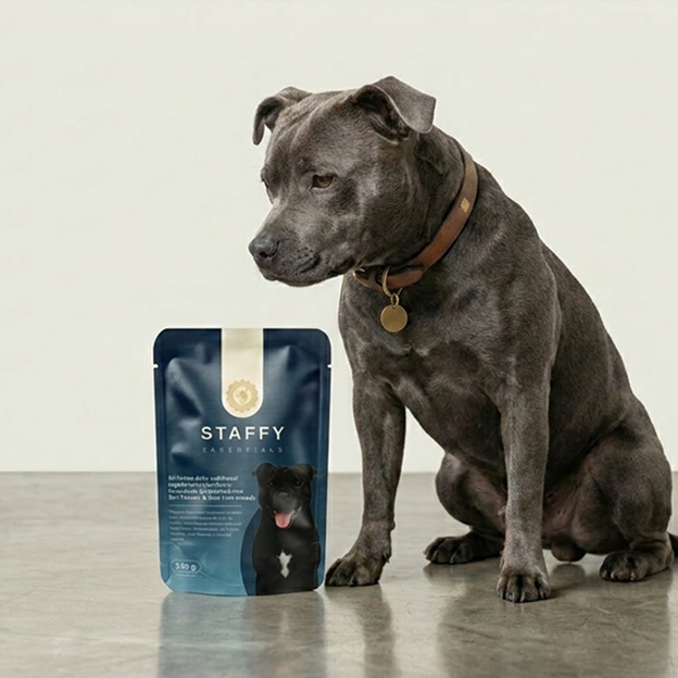 Staffy holding Staffy Essentials supplement bag