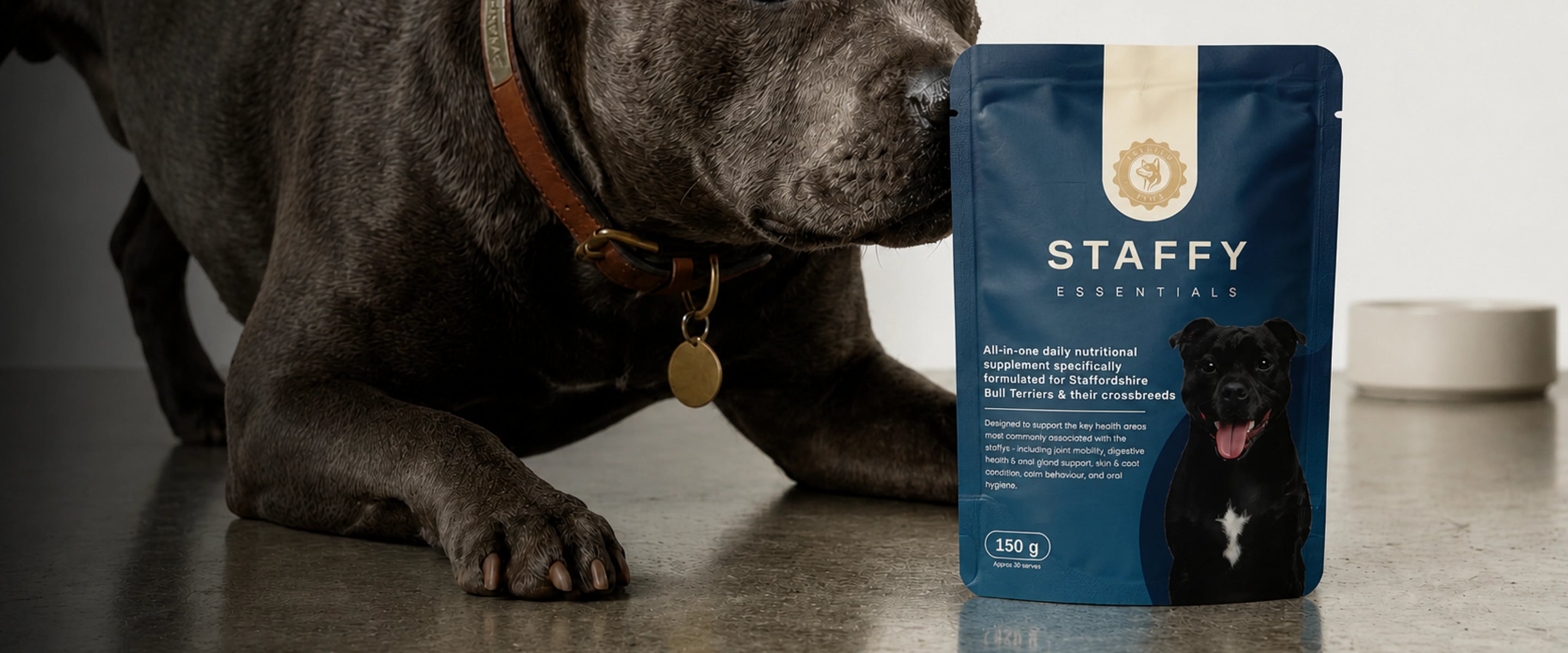 Staffy dog with Staffy Essentials supplement